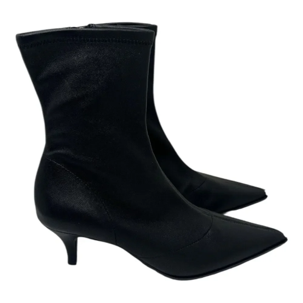 J‎ Crew Black Leather Stevie Kitten Heel Pointed Toe Ankle Boots Luxury 7.5